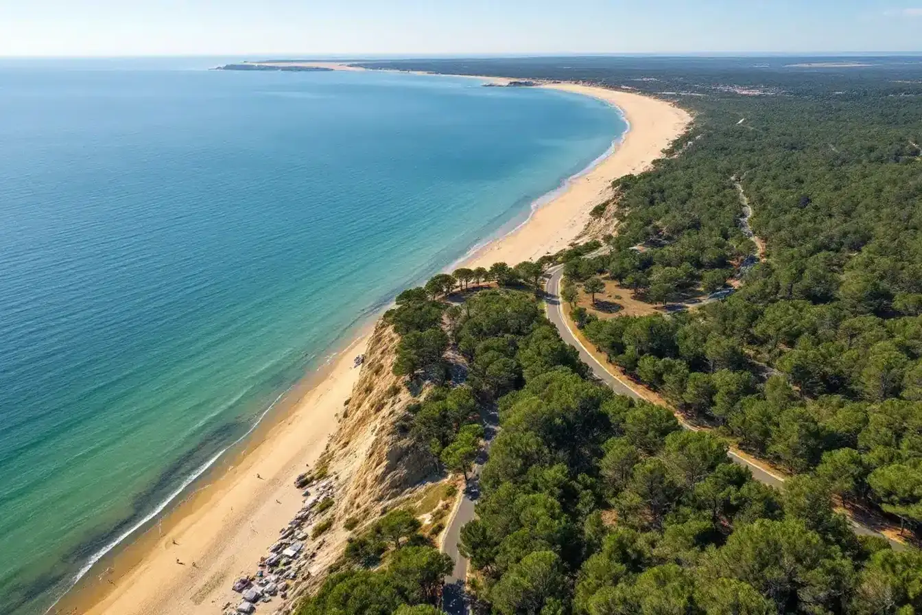 Vue aérienne de la presqu’île du Cap Ferret entre l’océan et le bassin d’Arcachon