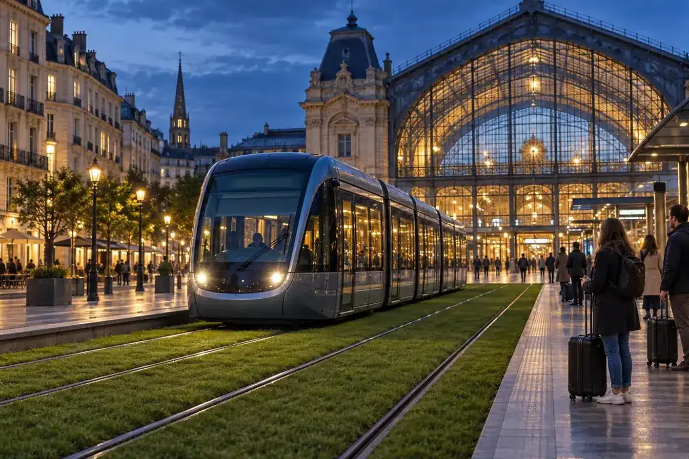 Illustration : un tram arrive vers une grande gare aux verrières métalliques à la tombée du jour, des voyageurs attendent avec leurs valises