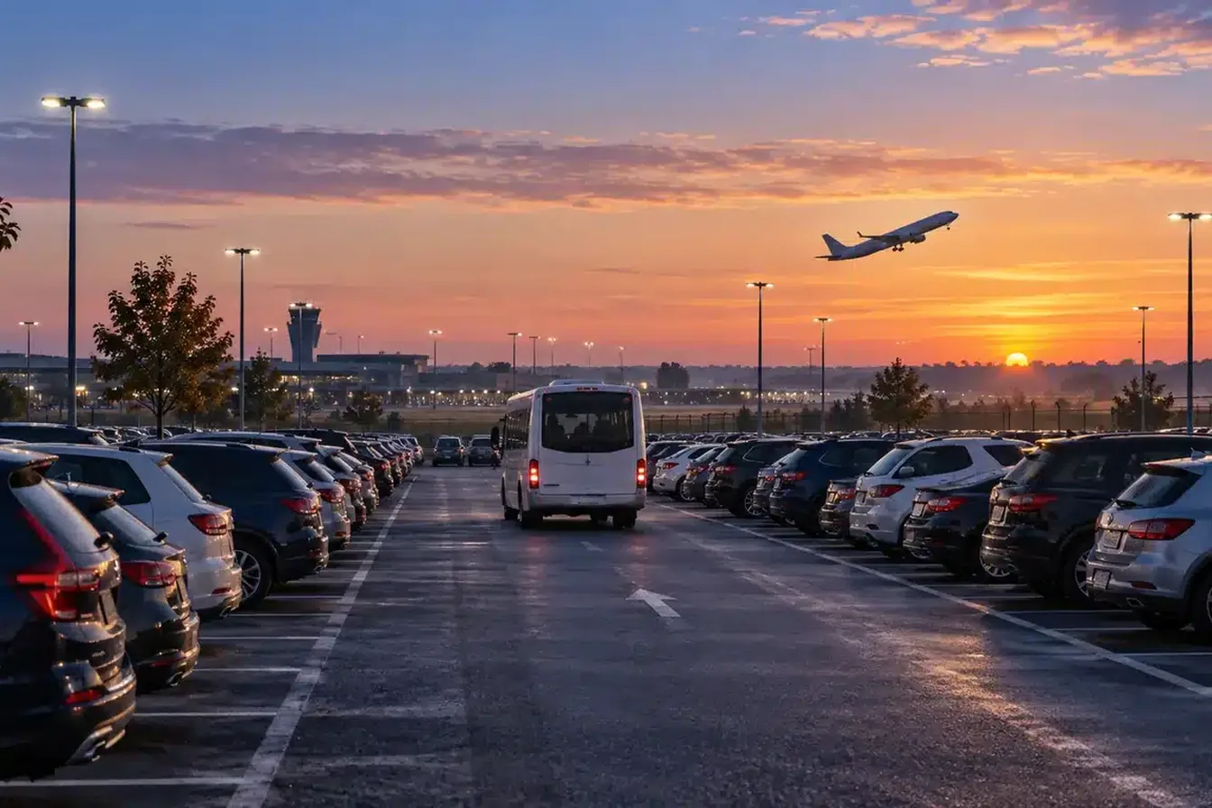 Parking longue durée d'un aéroport à l'aube, une navette circule entre les voitures, un avion décolle au loin