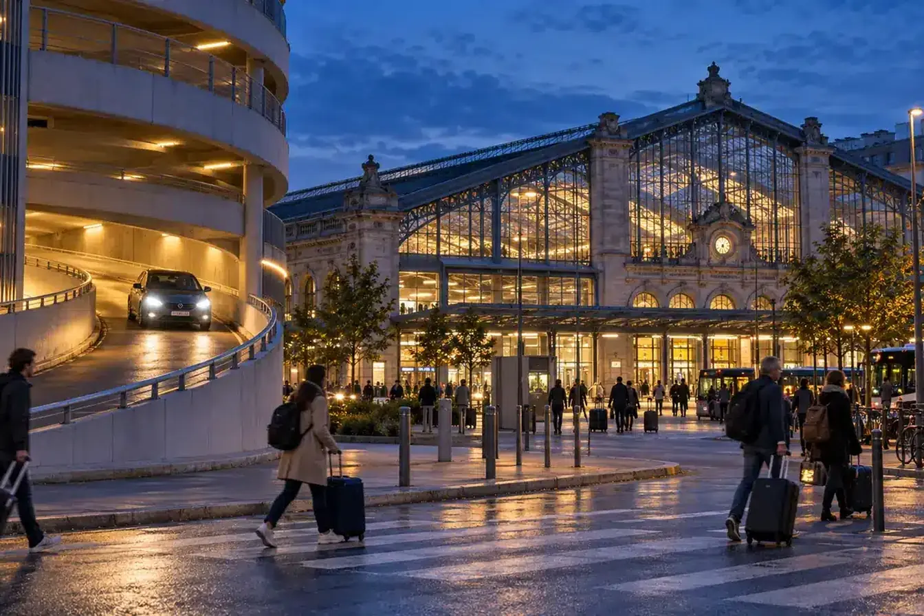 Entrée d'un parking à étages près d'une grande gare à verrière à l'heure bleue, voyageurs avec valises