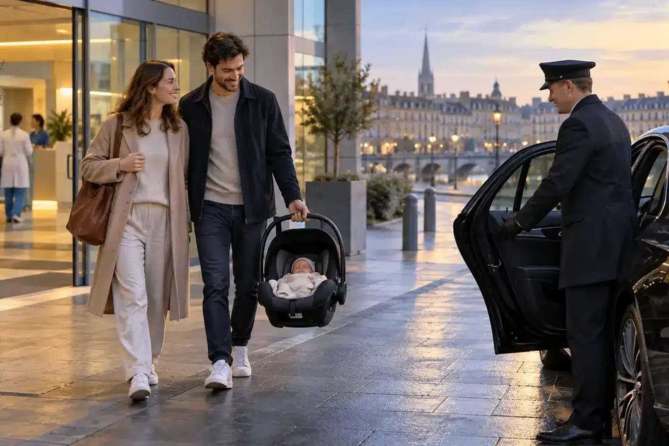 Jeune couple sortant d'une maternité avec son nouveau-né dans un siège auto, un chauffeur tient la portière d'une voiture noire