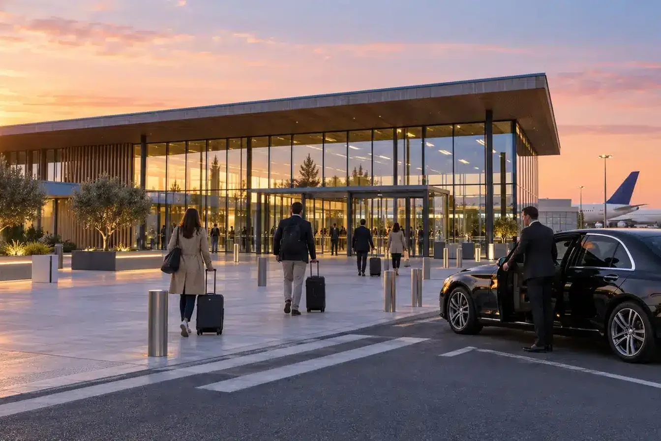 Illustration : voyageurs avec leurs valises devant un terminal d'aéroport au lever du jour, un chauffeur ouvre la portière d'une berline noire