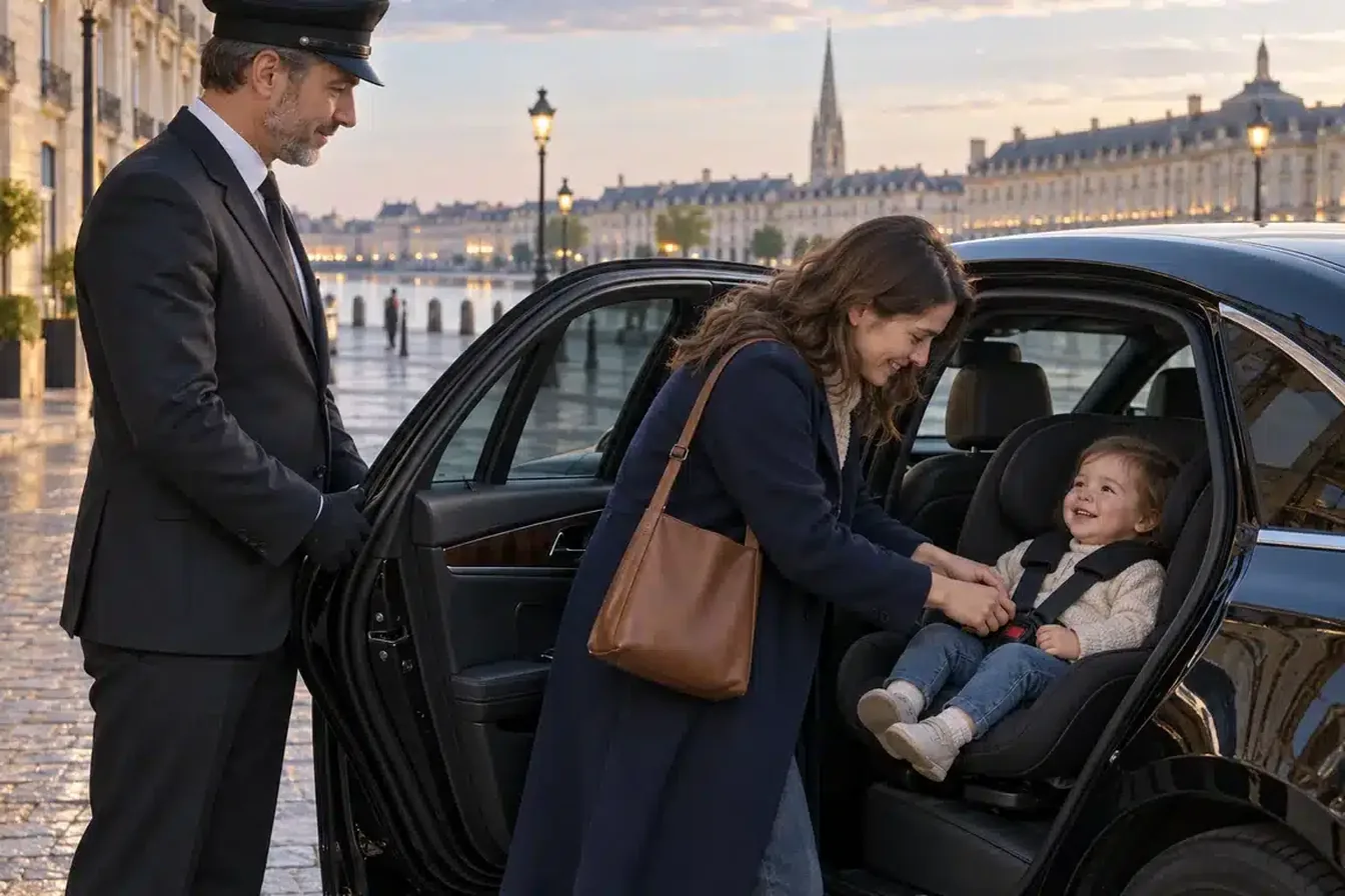 Une maman installe son enfant dans un siège auto à l'arrière d'une berline noire, le chauffeur tient la portière