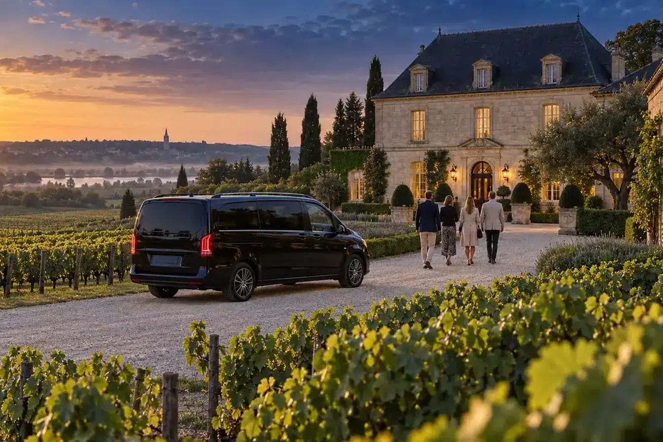 Château de pierre entouré de vignes au coucher du soleil, un van noir garé sur l'allée de graviers