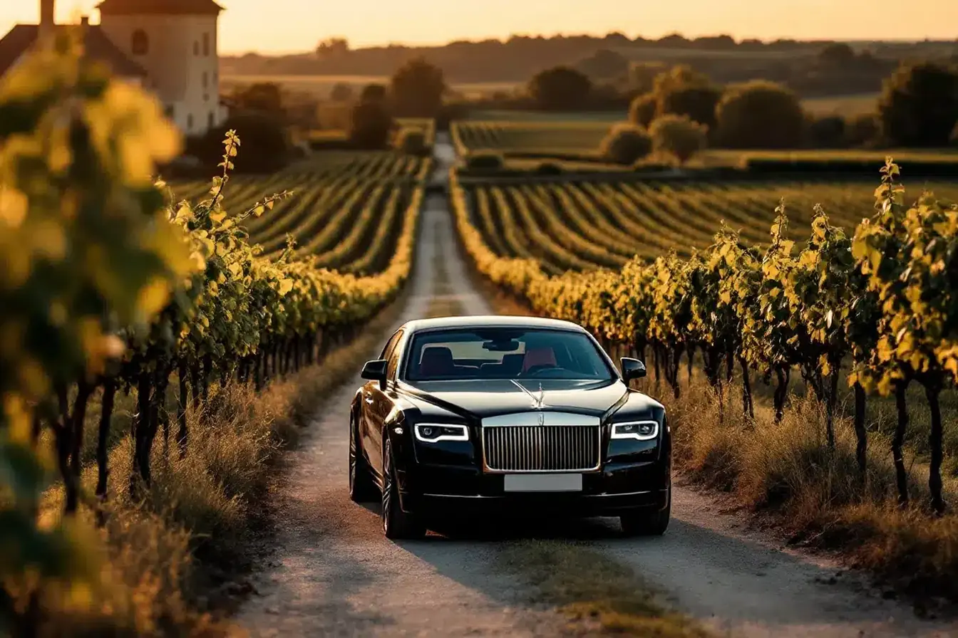 Berline VTC noire entre les rangs de vignes du vignoble bordelais, château en arrière-plan