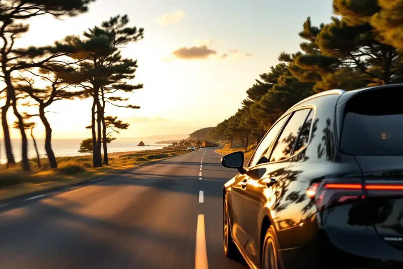 Berline VTC noire sur la route côtière menant au Cap Ferret, au coucher du soleil