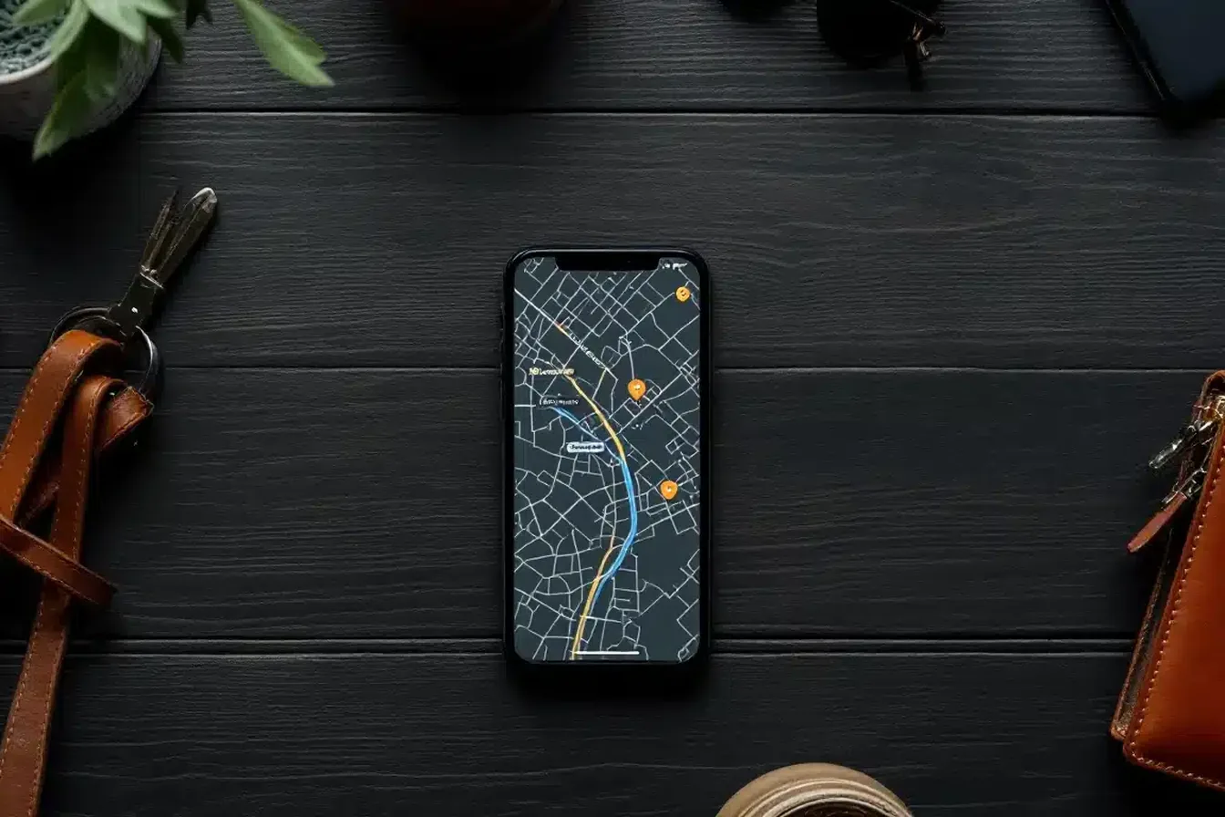 Réservation d’un VTC depuis un smartphone, clés et portefeuille sur un bureau