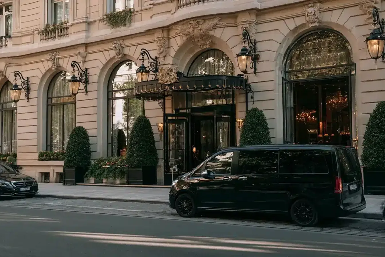 Van VTC noir stationné devant l'entrée d'un hôtel de luxe, en attente de clients professionnels
