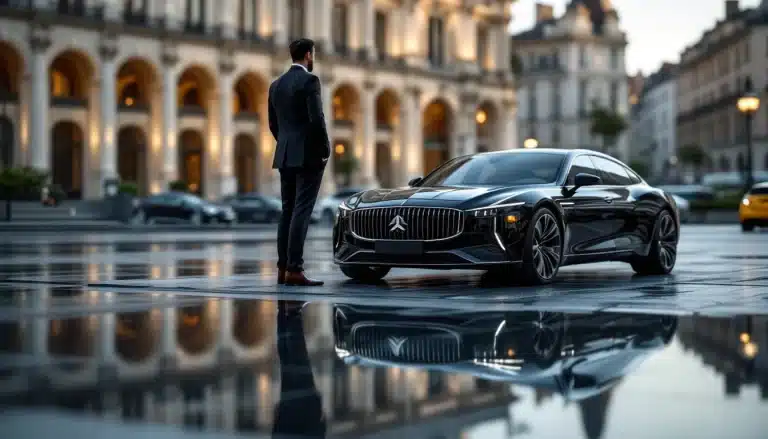Chauffeur privé en costume devant une berline noire, place de la Bourse à Bordeaux