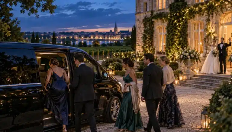 Invités en tenue de soirée montant dans un van noir devant un château illuminé de guirlandes