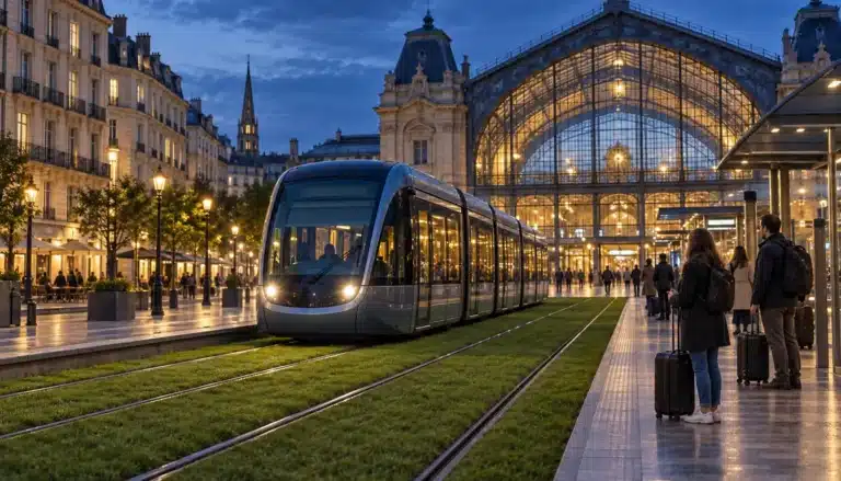 Illustration : un tram arrive vers une grande gare aux verrières métalliques à la tombée du jour, des voyageurs attendent avec leurs valises