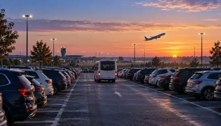 Parking longue durée d'un aéroport à l'aube, une navette circule entre les voitures, un avion décolle au loin