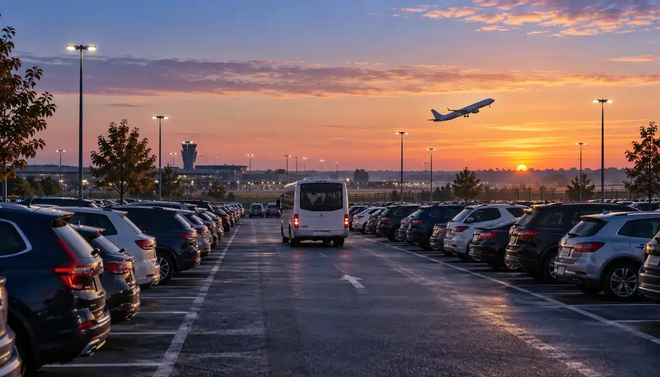 Parking longue durée d'un aéroport à l'aube, une navette circule entre les voitures, un avion décolle au loin