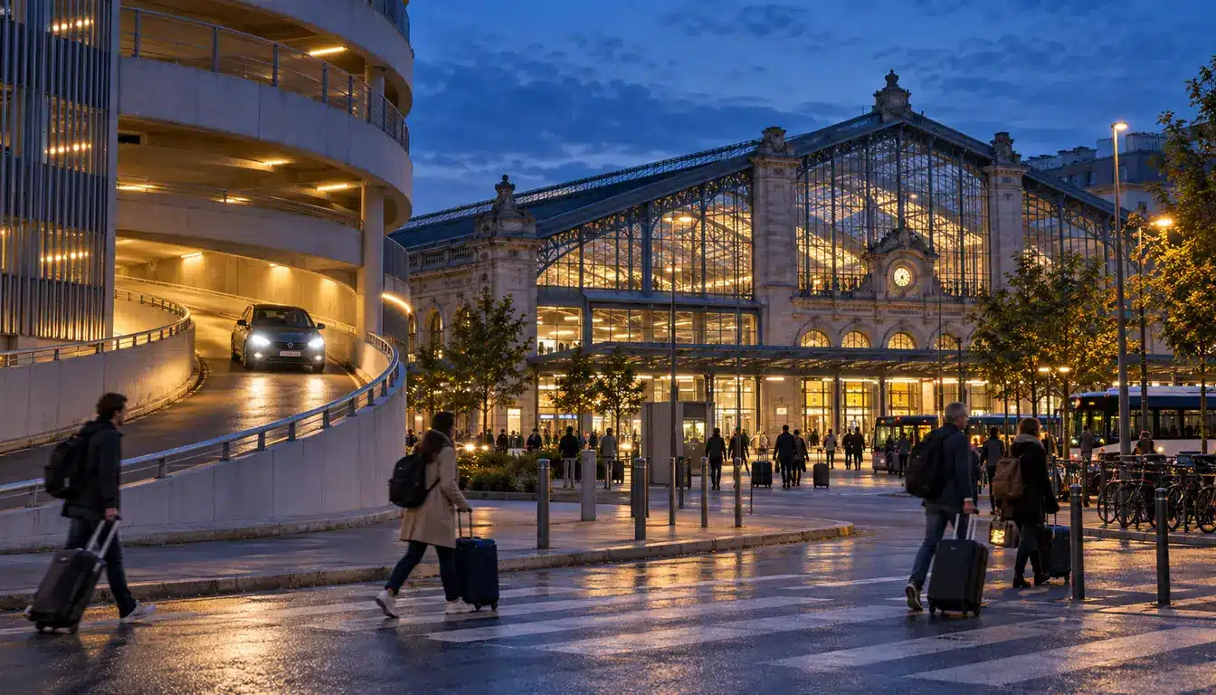 Entrée d'un parking à étages près d'une grande gare à verrière à l'heure bleue, voyageurs avec valises