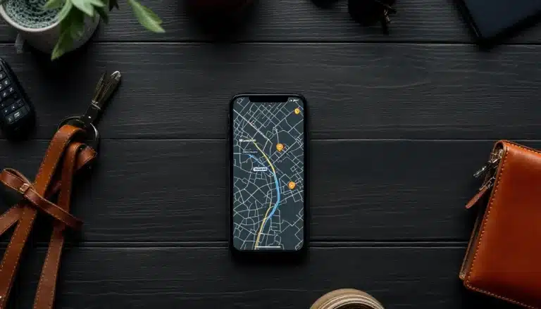 Réservation d’un VTC depuis un smartphone, clés et portefeuille sur un bureau