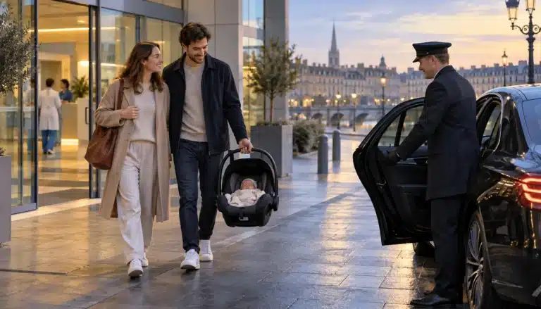 Jeune couple sortant d'une maternité avec son nouveau-né dans un siège auto, un chauffeur tient la portière d'une voiture noire