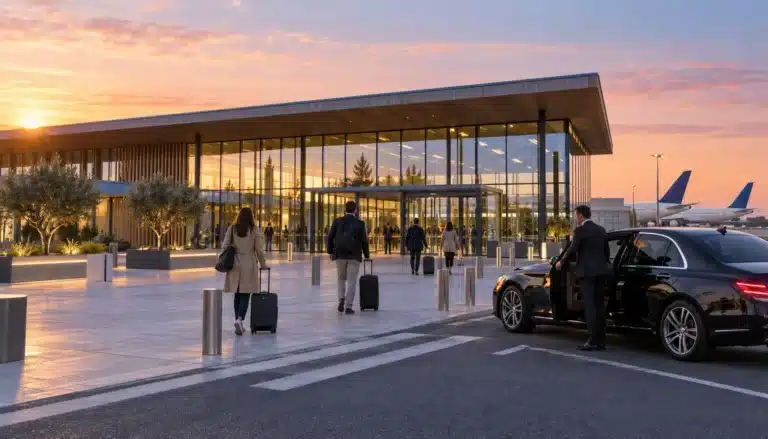 Illustration : voyageurs avec leurs valises devant un terminal d'aéroport au lever du jour, un chauffeur ouvre la portière d'une berline noire
