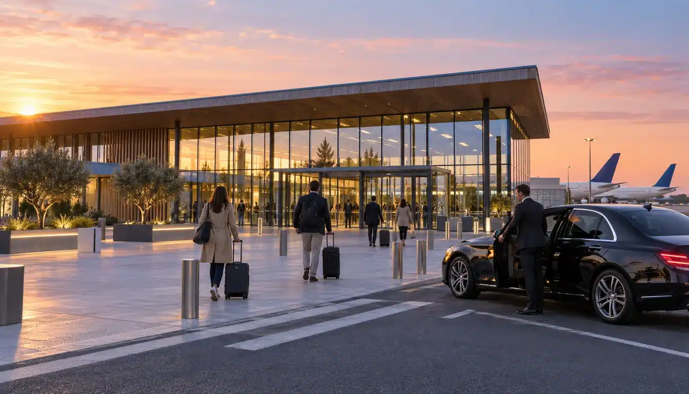 Illustration : voyageurs avec leurs valises devant un terminal d'aéroport au lever du jour, un chauffeur ouvre la portière d'une berline noire