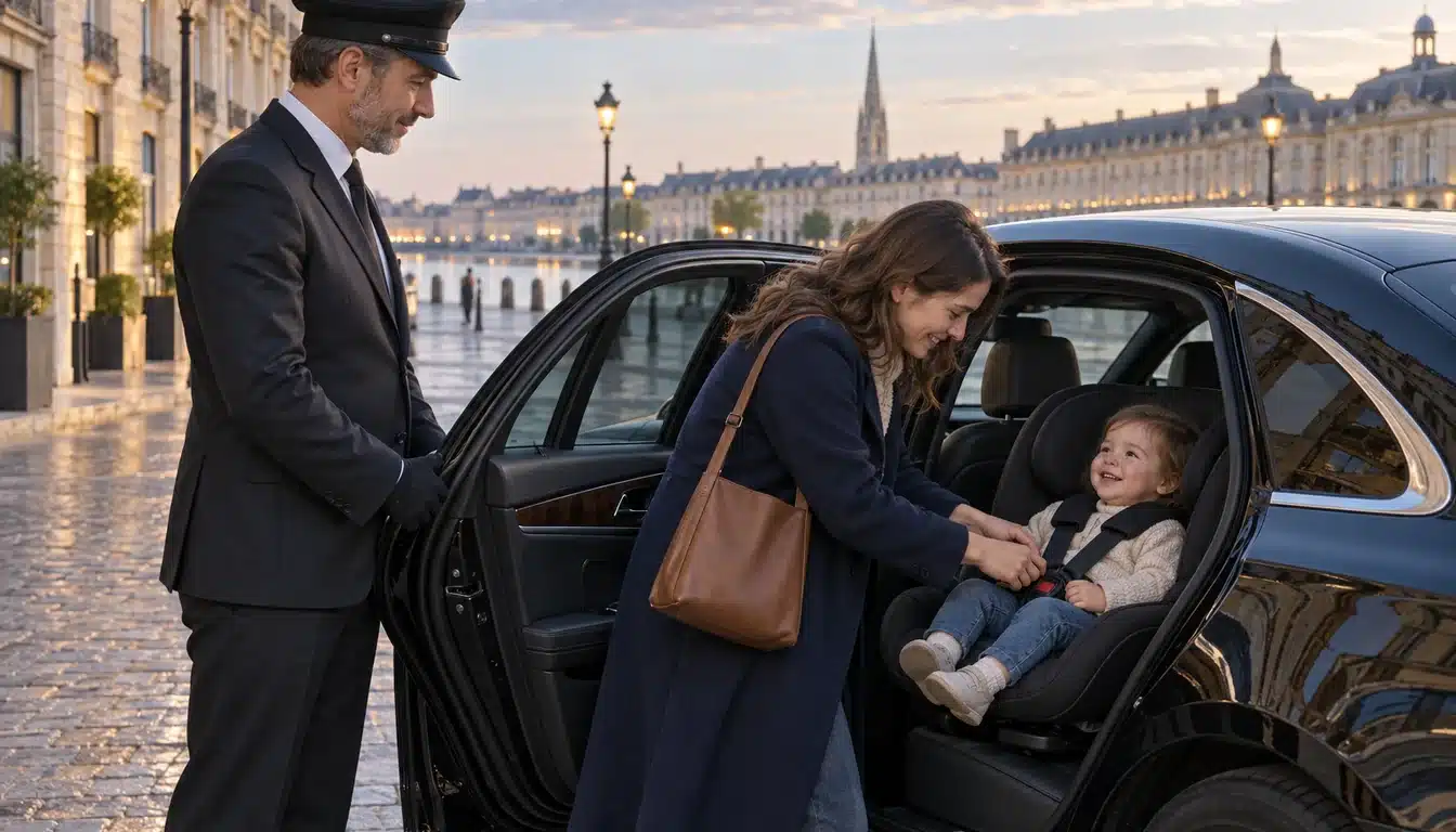 Une maman installe son enfant dans un siège auto à l'arrière d'une berline noire, le chauffeur tient la portière