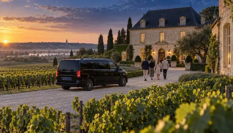 Château de pierre entouré de vignes au coucher du soleil, un van noir garé sur l'allée de graviers