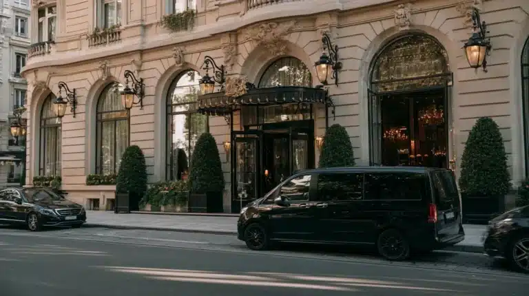 Van VTC noir stationné devant l'entrée d'un hôtel de luxe, en attente de clients professionnels
