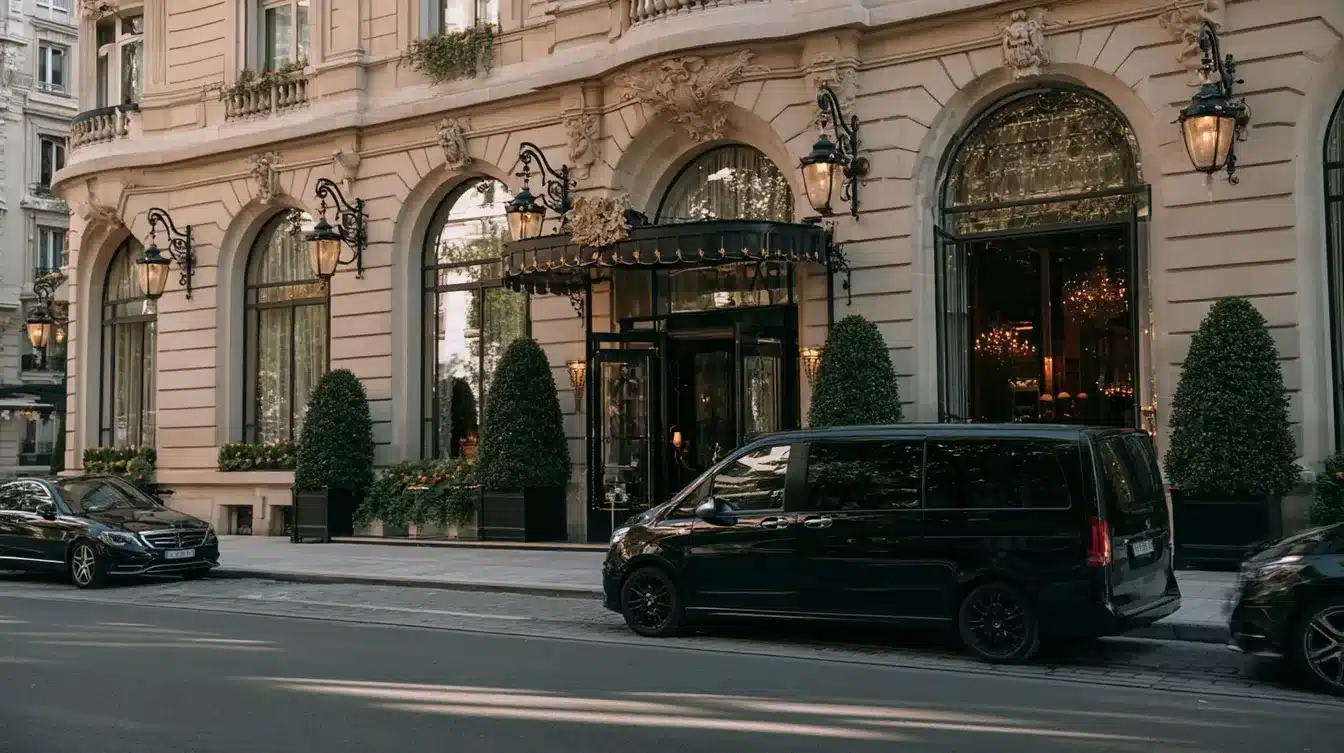 Van VTC noir stationné devant l'entrée d'un hôtel de luxe, en attente de clients professionnels
