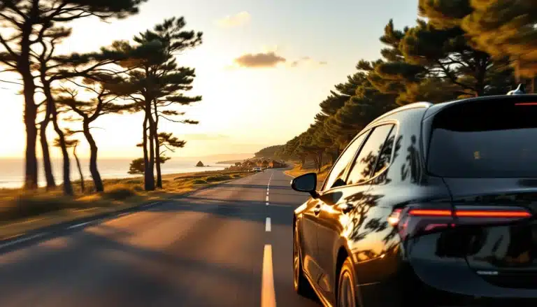 Berline VTC noire sur la route côtière menant au Cap Ferret, au coucher du soleil