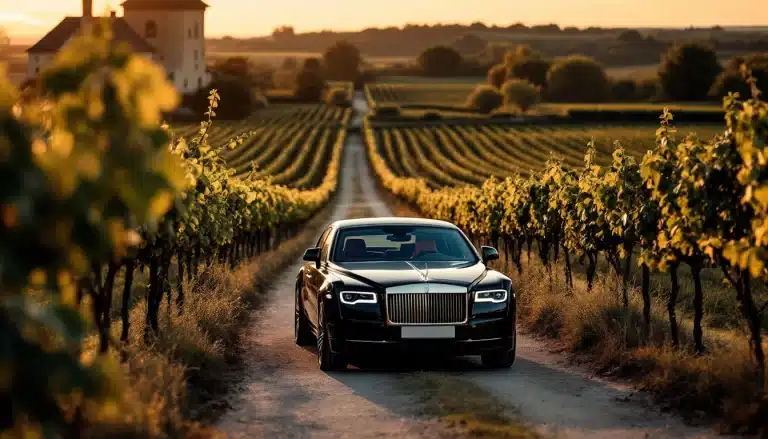 Berline VTC noire entre les rangs de vignes du vignoble bordelais, château en arrière-plan